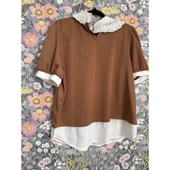 Lipsy Brown White Contrast Peter Pan Collar Pearl Embellished Top XL - Picture 7 of 13